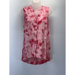 Wrangler Womens Sleeveless Blouse Size M Red/Pink/White Button Down Hi Lo Hem